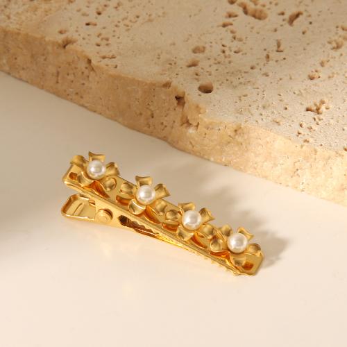 Alligator Hair Clip, 304 Stainless Steel, with Plastic Pearl, for woman, golden, 36.70x7.70mm, Sold By PC