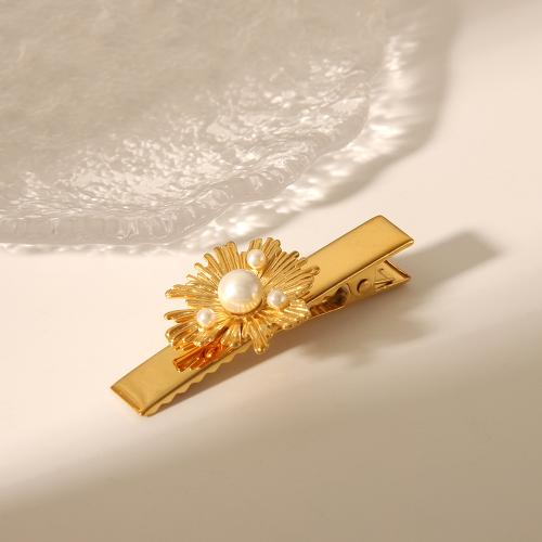 Alligator Hair Clip, 304 Stainless Steel, with Plastic Pearl, for woman, golden, 61x10mm, Sold By PC