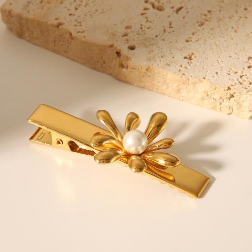 Alligator Hair Clip, 304 Stainless Steel, with Plastic Pearl, for woman, golden, 61x10mm, Sold By PC