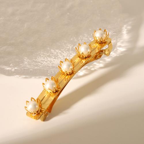 Hair Snap Clips, 304 Stainless Steel, with Plastic Pearl, for woman, golden, 83x13mm, Sold By PC