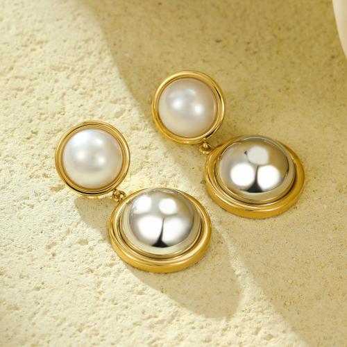 Stainless Steel Stud Earrings, 304 Stainless Steel, with Plastic Pearl, 18K gold plated, fashion jewelry & for woman, golden, 38x15.90mm, Sold By Pair