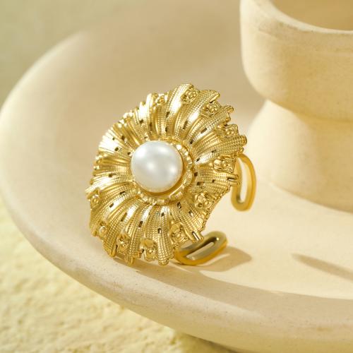 Stainless Steel Finger Ring, 304 Stainless Steel, with Plastic Pearl, fashion jewelry & for woman, golden, Sold By PC