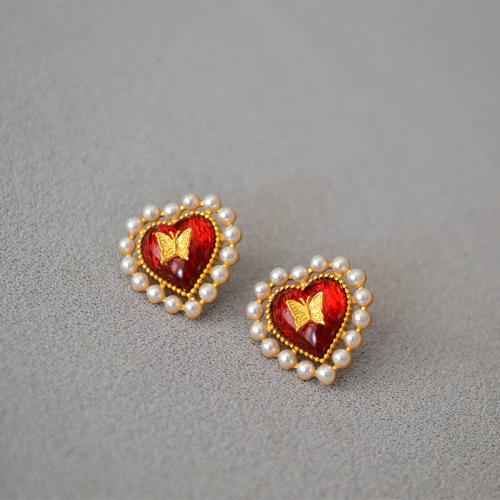 Brass Stud Earring, with Glass & Plastic Pearl, fashion jewelry & for woman, more colors for choice, 20mm, Sold By Pair