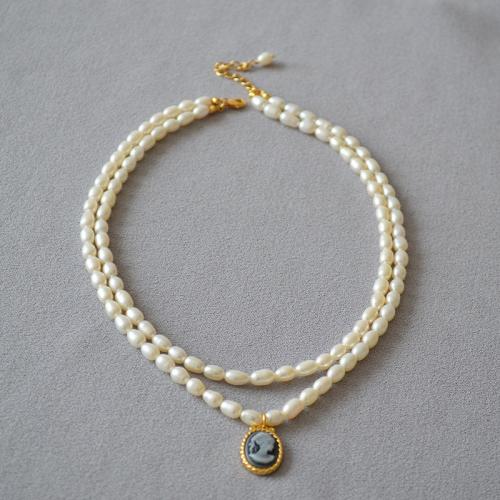 Freshwater Pearl Brass Necklace, with Freshwater Pearl, with 5cm extender chain, Rice, Double Layer & fashion jewelry & for woman, Length:Approx 39 cm, Approx 36 cm, Sold By PC