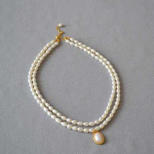 Freshwater Pearl Brass Necklace, with Freshwater Pearl, with 5cm extender chain, Rice, Double Layer & fashion jewelry & for woman, Length:Approx 39 cm, Approx 36 cm, Sold By PC