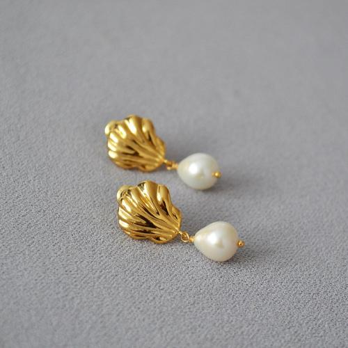 Brass Drop Earring, with Shell Pearl, fashion jewelry & for woman, 12x30mm, Sold By Pair