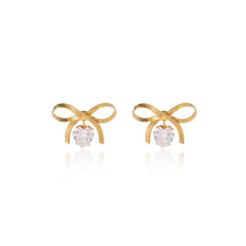 Stainless Steel Stud Earrings, 304 Stainless Steel, Bowknot, 18K gold plated, fashion jewelry & for woman & with rhinestone, golden, 27.40x20mm, Sold By Pair