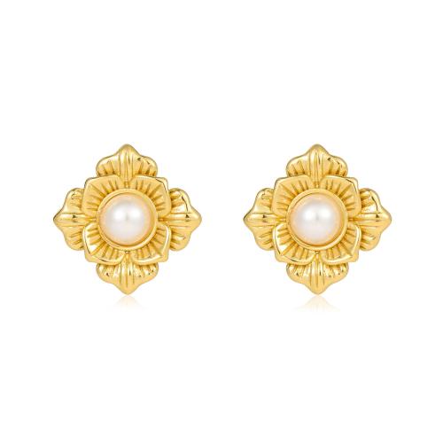 Stainless Steel Stud Earrings, 304 Stainless Steel, with Plastic Pearl, 18K gold plated, fashion jewelry & for woman, golden, 26.10x26.40mm, Sold By Pair