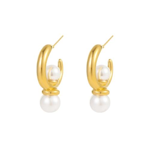 Pendientes de Acero Inoxidable, acero inoxidable 304, con Perlas plásticas, 18K chapado en oro, Joyería & para mujer, dorado, Vendido por Par