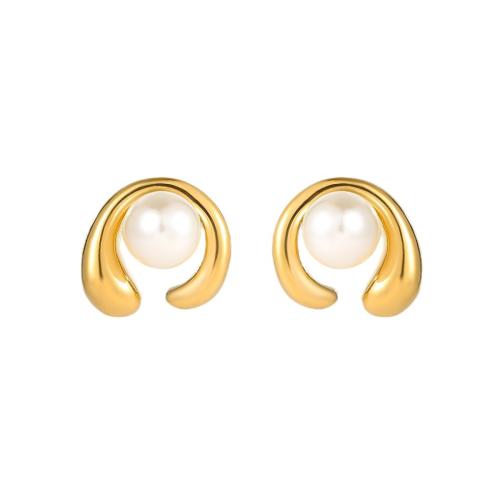 Stainless Steel Stud Earrings, 304 Stainless Steel, with Plastic Pearl, 18K gold plated, fashion jewelry & for woman, golden, Sold By Pair