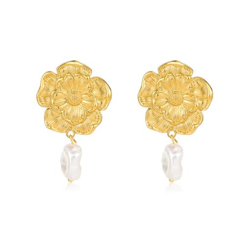 Stainless Steel Stud Earrings, 304 Stainless Steel, with Plastic Pearl, Flower, 18K gold plated, fashion jewelry & for woman, golden, Sold By Pair