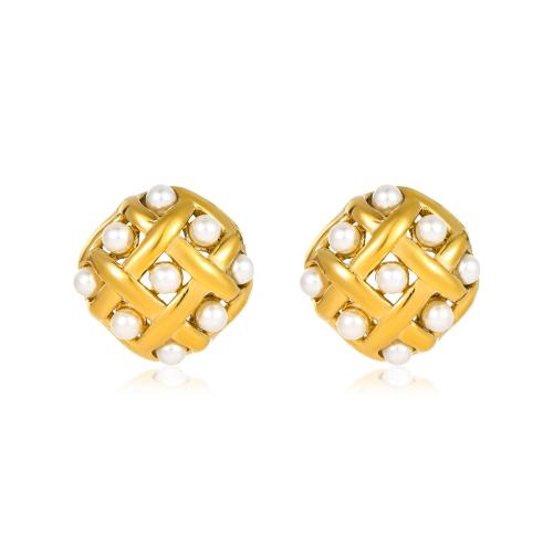 Stainless Steel Stud Earrings, 304 Stainless Steel, with Plastic Pearl, Flower, 18K gold plated, fashion jewelry & for woman, golden, 20mm, Sold By Pair