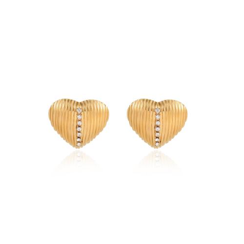 Stainless Steel Stud Earrings, 304 Stainless Steel, Heart, 18K gold plated, fashion jewelry & micro pave cubic zirconia & for woman, golden, 25x22.30mm, Sold By Pair