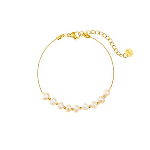 Stainless Steel Jewelry Bracelet, 304 Stainless Steel, with Plastic Pearl, with 5cm extender chain, 18K gold plated, fashion jewelry & for woman, golden, Sold Per Approx 18 cm Strand