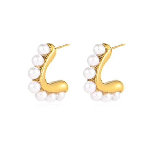 Stainless Steel Stud Earrings, 304 Stainless Steel, with Plastic Pearl, Letter V, 18K gold plated, fashion jewelry & for woman, golden, 25.60x4.80mm, Sold By Pair