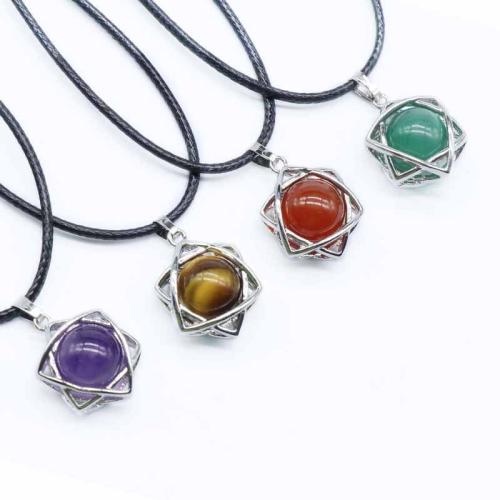 Natural Gemstone Necklace, Natural Stone, with leather cord & Brass & Iron, Hexagram, silver color plated, different materials for choice & Unisex, more colors for choice, 17x17mm, Length:Approx 40 cm, Sold By PC