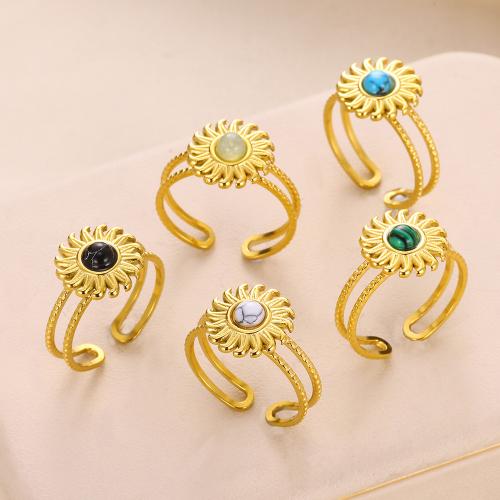 Stainless Steel Finger Ring, 304 Stainless Steel, with Natural Stone, Flower, Vacuum Ion Plating, Adjustable & fashion jewelry & for woman, more colors for choice, ring inner diameter:17-20mm,flower:13mm, Sold By PC