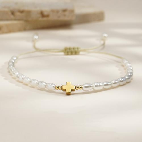 Plastic Pearl Bracelet, with Knot Cord & Brass, Cross, gold color plated, Adjustable & for woman, white, nickel, lead & cadmium free, Sold By PC