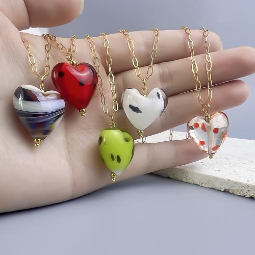 Stainless Steel Jewelry Necklace, 304 Stainless Steel, with Lampwork, with 5cm extender chain, Heart, plated, fashion jewelry, more colors for choice, Length:40 cm, Sold By PC