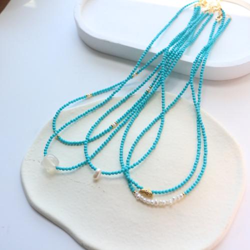 Collier turquoise de mode, turquoise naturelle, avec perle d'eau douce cultivée & laiton, avec 6cm chaînes de rallonge, bijoux de mode & modèles différents pour le choix, bleu, Longueur:38 cm, Vendu par PC