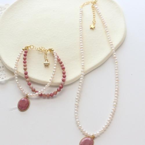 Natural Gemstone Jewelry Sets, Rhodochrosite, with Titanium Steel & Freshwater Pearl & Brass, fashion jewelry & different styles for choice, pink, Sold By PC