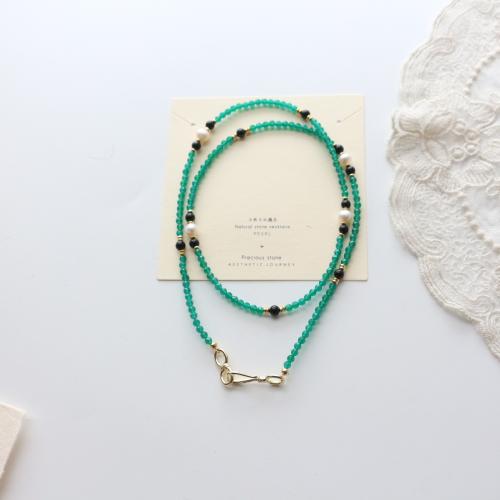 Agate Necklace, with Freshwater Pearl, fashion jewelry, green, Length:55 cm, Sold By PC