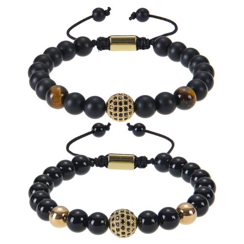 Gemstone Bracelets, Natural Stone, with Knot Cord & Brass, handmade, fashion jewelry & different materials for choice & Unisex & micro pave cubic zirconia, black, Length:6.6-11.8 Inch, Sold By PC