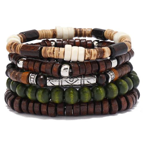 Wood Bracelets, with Coco & Elastic Thread, handmade, 5 pieces & fashion jewelry & Unisex, mixed colors, Sold By Set