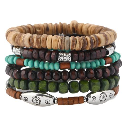 Bracelets en bois, avec noix de coco & fil élastique & plastique revêtu de cuivre & alliage de zinc, fait à la main, 6 pièces & bijoux de mode & unisexe, couleurs mélangées, Vendu par fixé