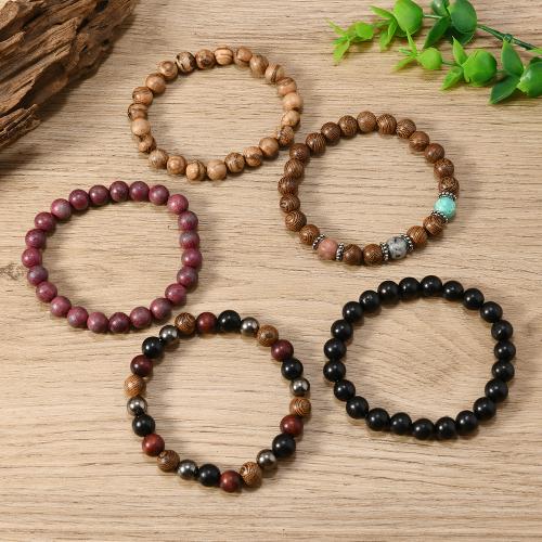 Pulseras de madera, sándalo, con Hilo elástico, hecho a mano, 5 piezas & natural & diferentes materiales para la opción & unisexo, color mixto, Vendido por Set