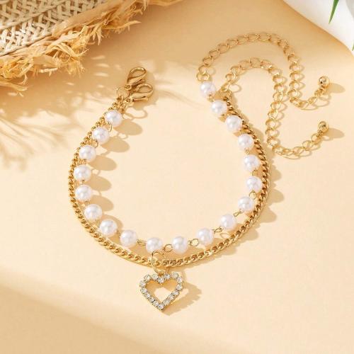 Cubic Zirconia Micro Pave Brass Bracelet, with Plastic Pearl, Heart, plated, micro pave cubic zirconia & for woman, gold, Sold By PC