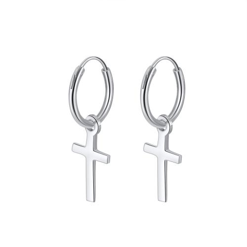 Huggie Hoop Drop Earring, 304 Stainless Steel, Cross, plated, for woman, platinum color, 26mm, Sold By Pair