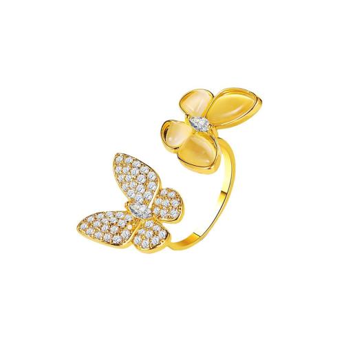 Brass Finger Ring, with Cats Eye, Butterfly, plated, for woman & with rhinestone, gold, Sold By PC