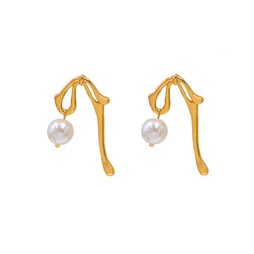 Titanium Steel  Earring, with Plastic Pearl, plated, for woman, gold, Sold By Pair