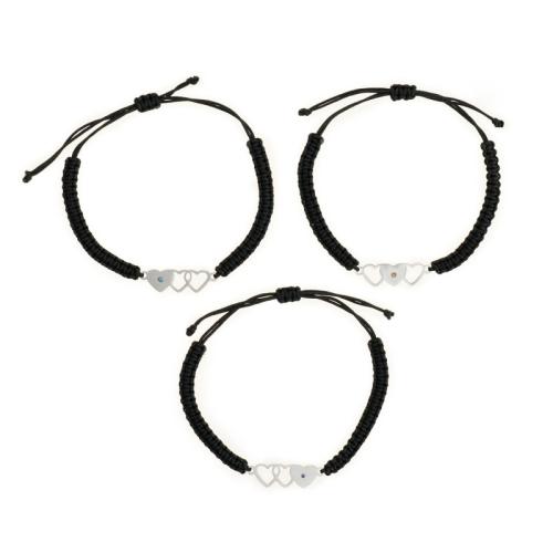 Bijoux bracelet en acier inoxydable, Acier inoxydable 304, avec corde de cire, fait à la main, trois pièces & pour femme & avec strass, noire, Longueur:Environ 16-30 cm, Vendu par fixé