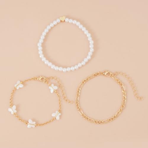 Tibetan Style Anklet, with Shell & Plastic Pearl, with 5cm extender chain, three pieces & different styles for choice & for woman, golden, Length:Approx 18 cm, Sold By Set