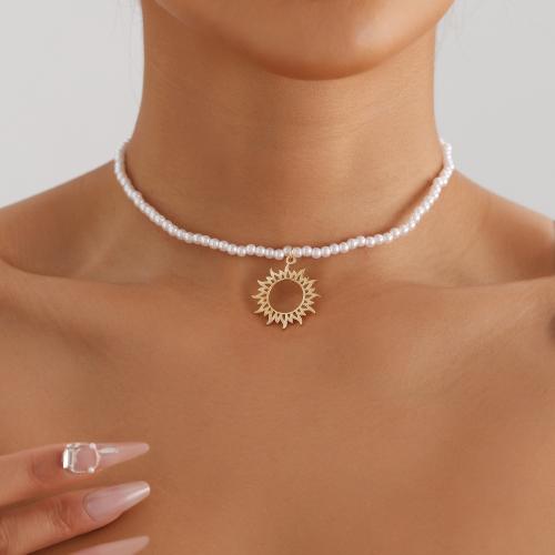 Plastic Pearl Necklace, with Tibetan Style, with 1.9inch extender chain, Sun, gold color plated, fashion jewelry & for woman & hollow, Length:Approx 16.1 Inch, Sold By PC