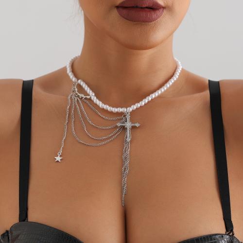 Tibetan Style Necklace, with Plastic Pearl, with 1.9inch extender chain, Cross, platinum color plated, for woman & with rhinestone, Length:Approx 18.1 Inch, Sold By PC