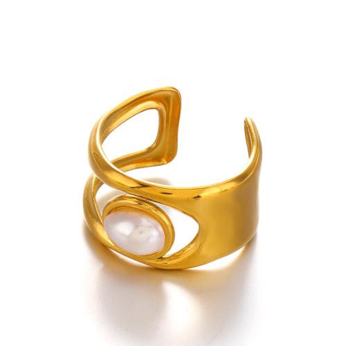 Stainless Steel Finger Ring, 304 Stainless Steel, with Plastic Pearl, fashion jewelry & for woman & hollow, golden, Sold By PC