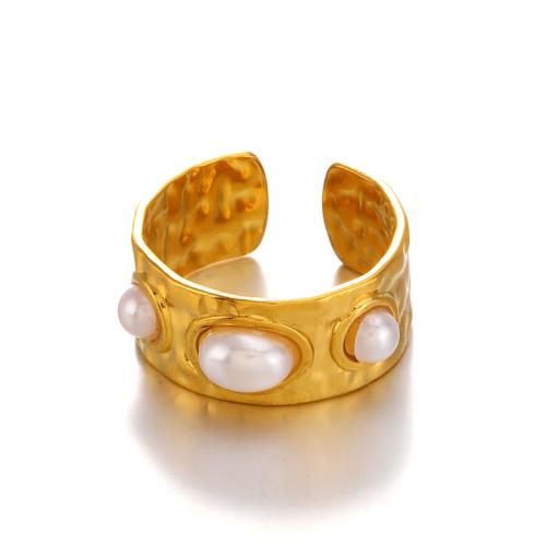 Stainless Steel Finger Ring, 304 Stainless Steel, with Plastic Pearl, fashion jewelry & for woman, golden, Sold By PC