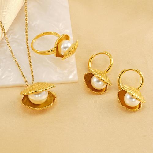 Conjuntos de joyería de acero inoxidable, acero inoxidable 304, con Perlas plásticas, Nácar, 18K chapado en oro, diferentes estilos para la opción & para mujer, Vendido por UD