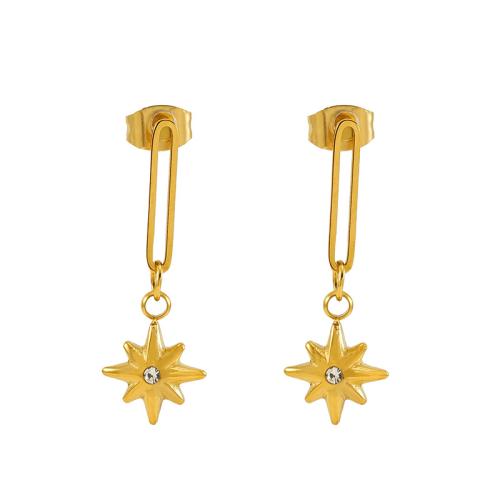 Stainless Steel Stud Earrings, 304 Stainless Steel, Eight Point Star, 18K gold plated, for woman & with rhinestone & hollow, Sold By Pair