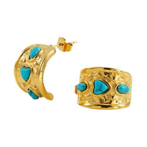 Boucle d'oreille de gaujon en acier inoxydable, Acier inoxydable 304, avec turquoise, Plaqué or 18K, bijoux de mode & pour femme, Vendu par paire