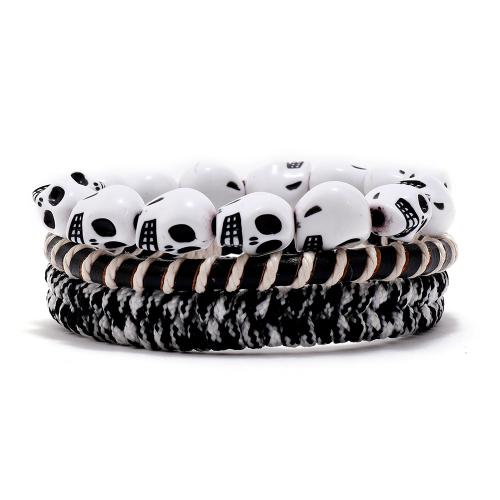 Bracelet de cuir de vachette, cuir de peau de vache, avec corde de cire & cordon de polyester & plastique, avec 8-9cm chaînes de rallonge, fait à la main, trois pièces & bijoux de mode & pour homme, blanc et noir, Longueur:Environ 17-18 cm, Vendu par fixé