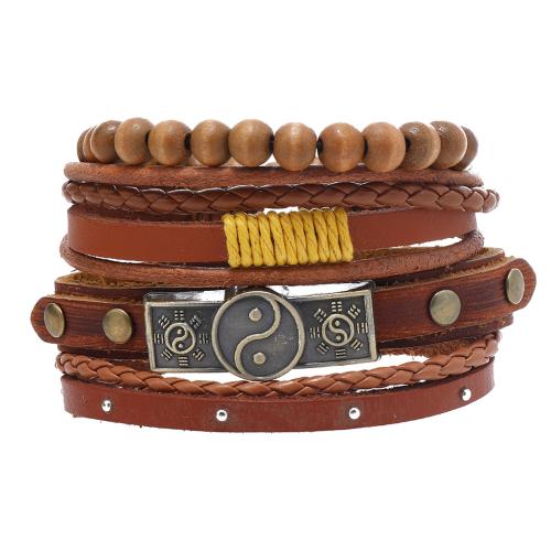 Cowhide Bracelet, with Wax Cord & Wood & Tibetan Style, with 8-9cm extender chain, handmade, 5 pieces & fashion jewelry & for man, Length:17-18 cm, Sold By Set