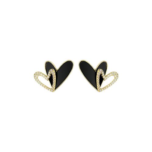 Tibetan Style Stud Earring, Heart, plated, for woman & enamel & with rhinestone & hollow, Sold By Pair