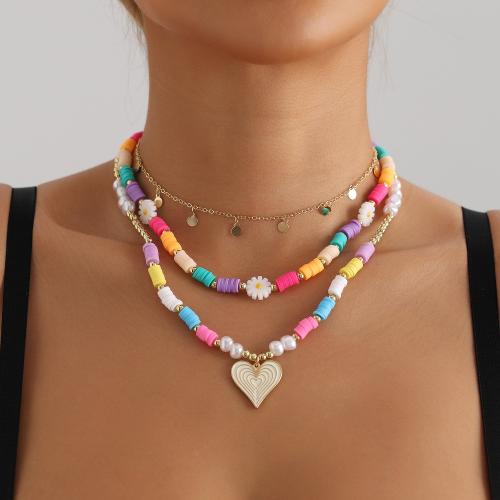 Tibetan Style Necklace, with Polymer Clay & Plastic Pearl, Heart, gold color plated, three layers & Bohemian style & for woman, Sold By PC