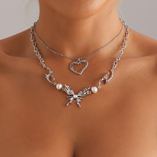 Tibetan Style Necklace, with Plastic Pearl, Butterfly, platinum color plated, Double Layer & for woman & with rhinestone, Sold By PC