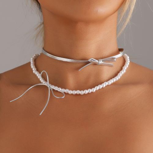 Plastic Pearl Necklace, with PU Leather, Bowknot, Double Layer & for woman, Sold By PC