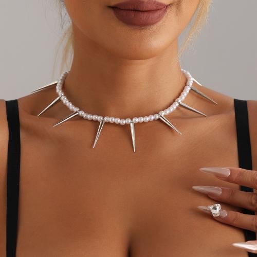 aleación de zinc collar, con Perlas plásticas, con 1.9inch extender cadena, chapado en color de platina, Joyería & para mujer, longitud:aproximado 16.5 Inch, Vendido por UD